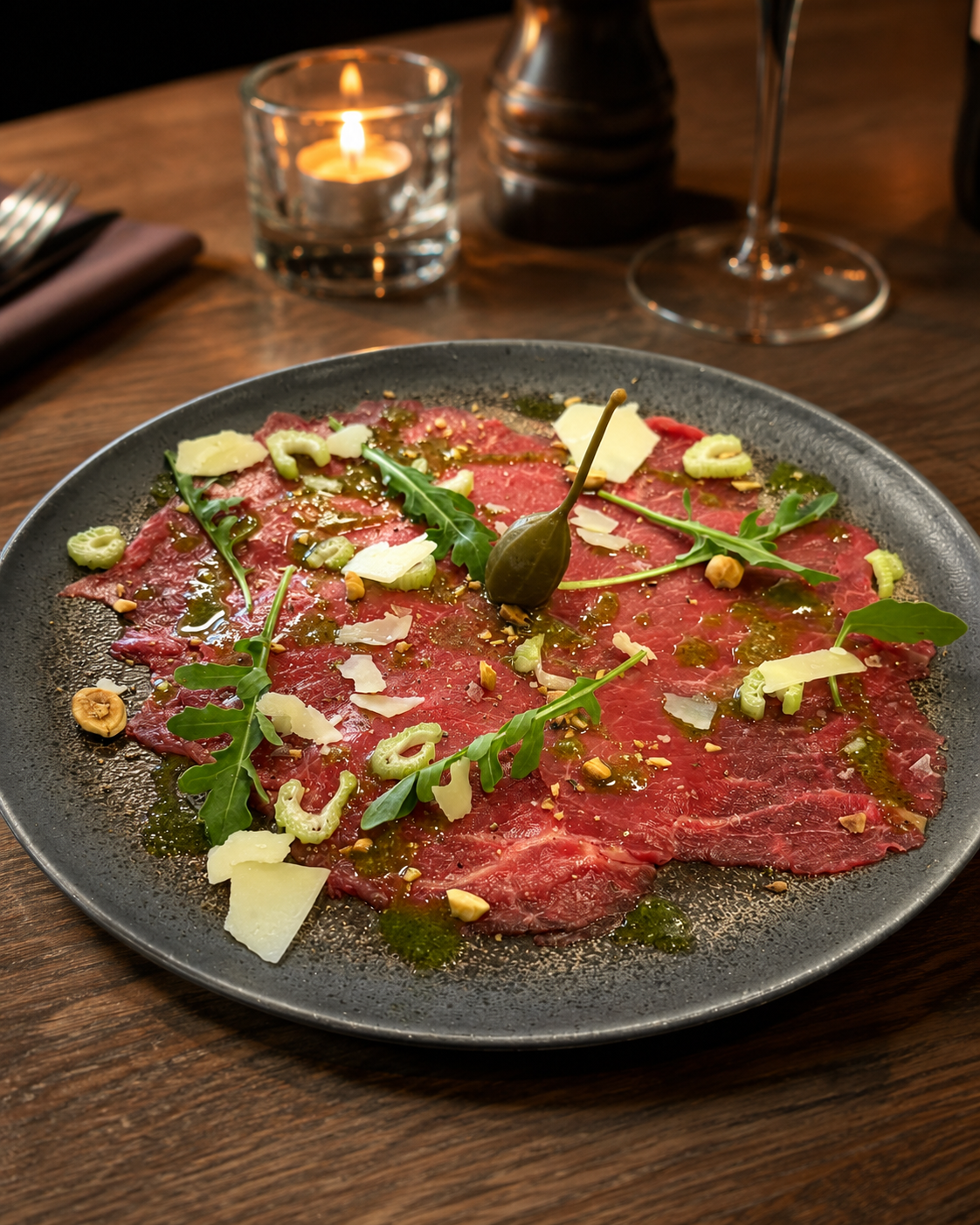 Carpaccio de bœuf sur ardoise noire, roquette, copeaux de parmesan, câpres et noisettes, Auberge d'Arthaz