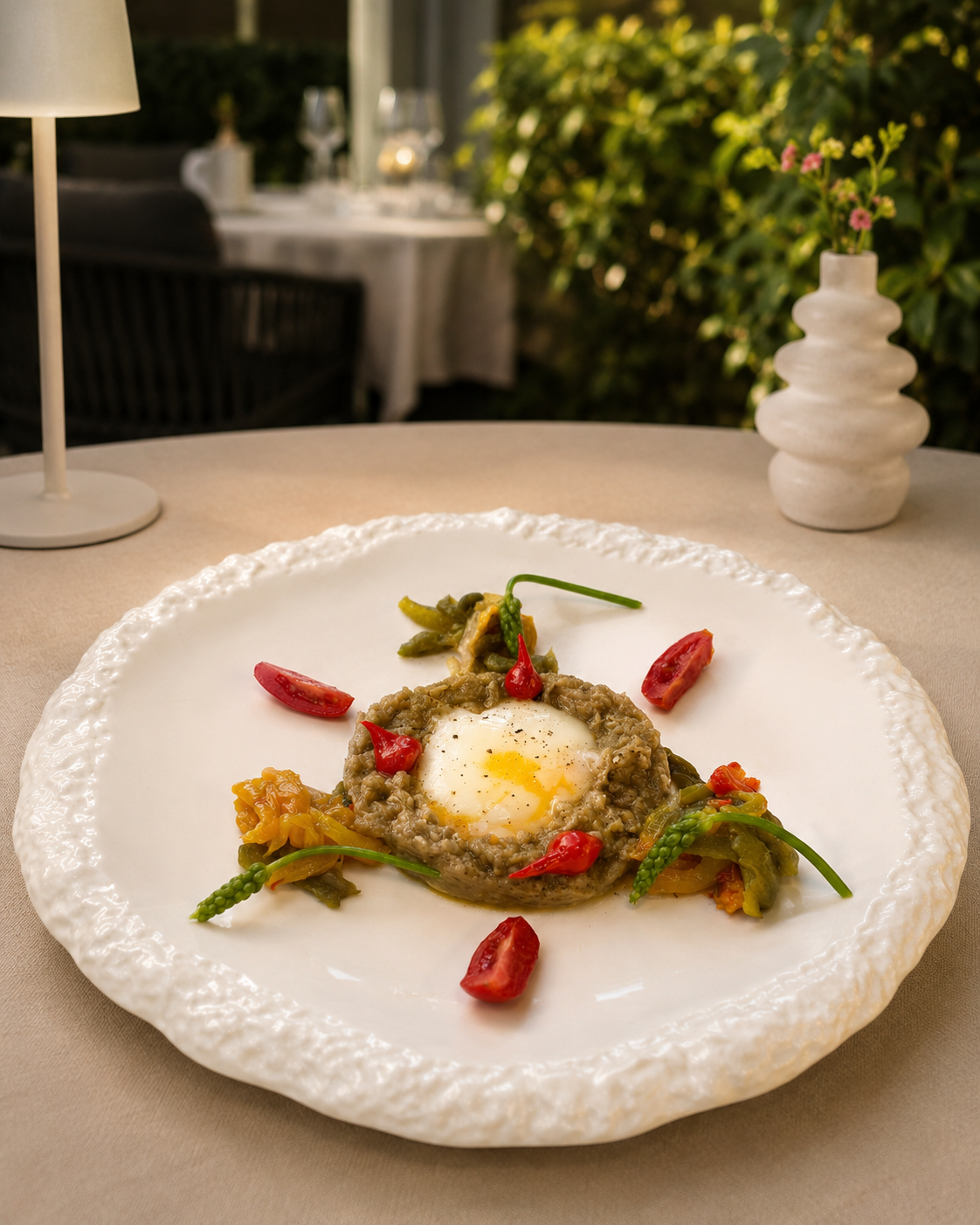 Œuf poché sur duxelles d'herbes, asperges vertes, fleurs de courgette et tomates cerises, Auberge d'Arthaz