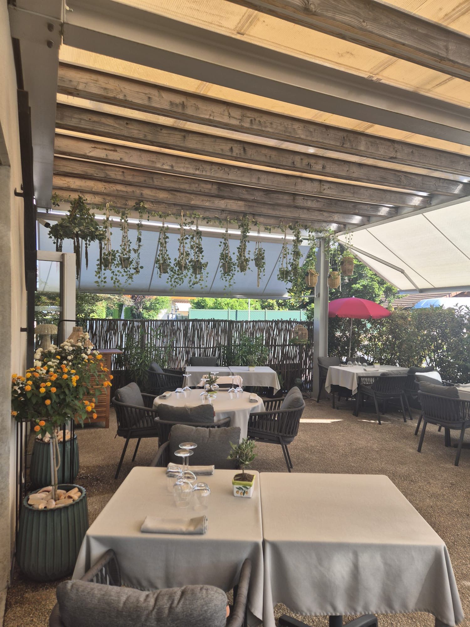 Vue d'ensemble de la terrasse couverte de l'Auberge d'Arthaz, plusieurs tables dressées, fleurs oranges et pergola